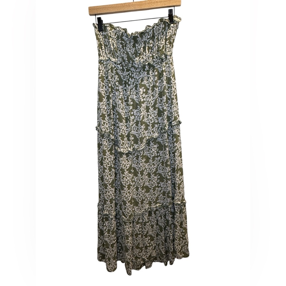 Simplee Olive Green and White Floral Strapless Tiered Maxi Dress with Slit SZ M - Picture 4 of 6